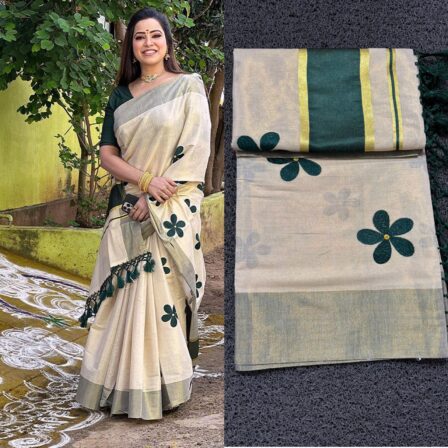 The Pearl Cart Green Flower Embroidered Golden Tissue Saree with Tassels